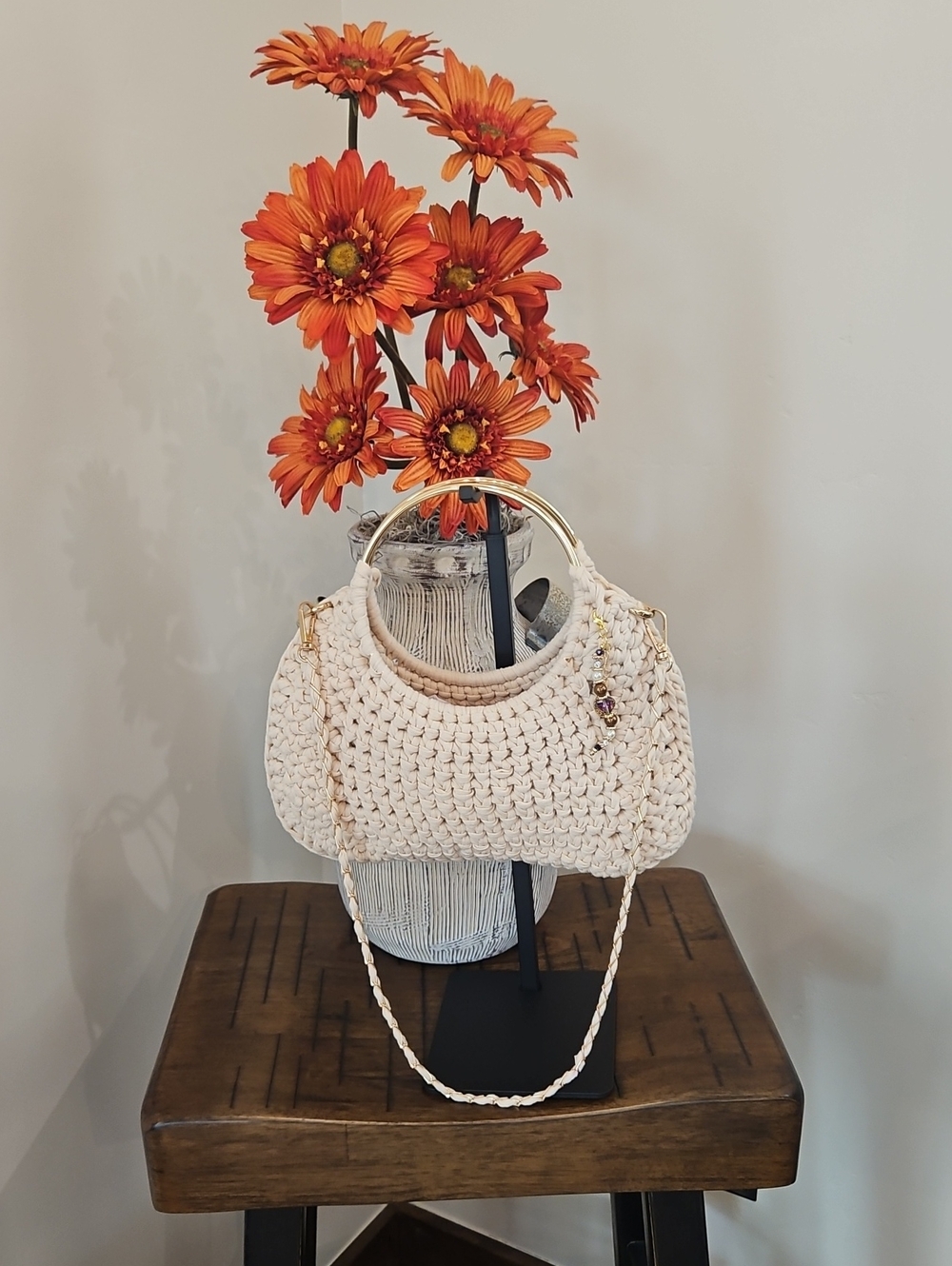 Hand Crocheted Cream Bag with Gold Accents